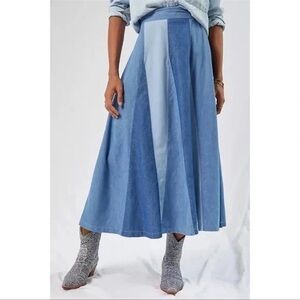 ANTHROPOLOGIE LOVE THE LABEL COLOR BLOCKED DENIM MIDI SKIRT Sz M Western Cottage